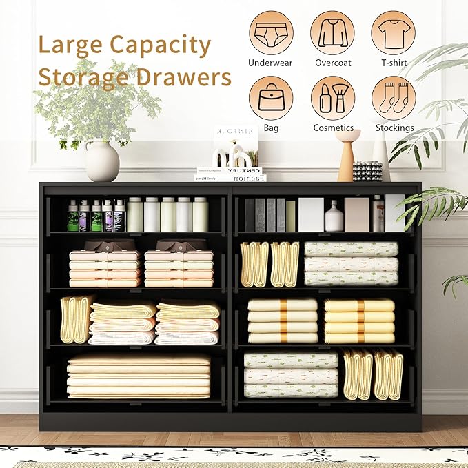 8 Drawer Dresser and Nightstand Sets for Bedroom, 3 Pcs Bedroom Set,Night Stand Set of 2 & 8 Drawer Dresser with Gold Handles, Modern Wood Chest of Drawers Storage Cabinet Set, Black