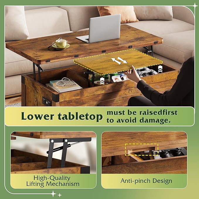 WLIVE 40" Lift Top Coffee Table, 4 in 1 Coffee Tables with Storage, 2 Fabric Drawers, LED Light and USB, Modern Coffee Table with Hidden Compartment for Living Room, Dining Room, Rustic Brown
