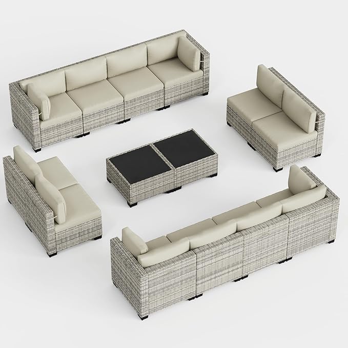14-Piece Outdoor Patio Furniture Set, PE Wicker Rattan Sectional Sofa Conversation Set with Tempered Glass Table & Thick Cushions - All-Weather Garden, Backyard Furniture, White