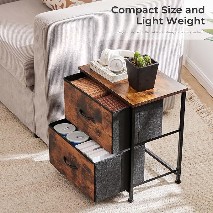 Night Stand Set of 2, Wide NightStands with 2 Drawers, Mid Century Small Nightstand with Adjustable Feets, Portable Bedside Table Set for Living Room, Entryway, Bed Room, Brown (2PCS) - Image 7