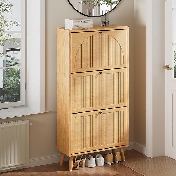 Fsbecl Shoe Storage Cabinet for Entryway with 3 Flip Drawers, Narrow Shoe Organizer with Fluted Panel, Freestanding Wood Hidden Shoe Cabinet for Hallway (Wood Color, 23.6''W, Double Layer) - Image 9