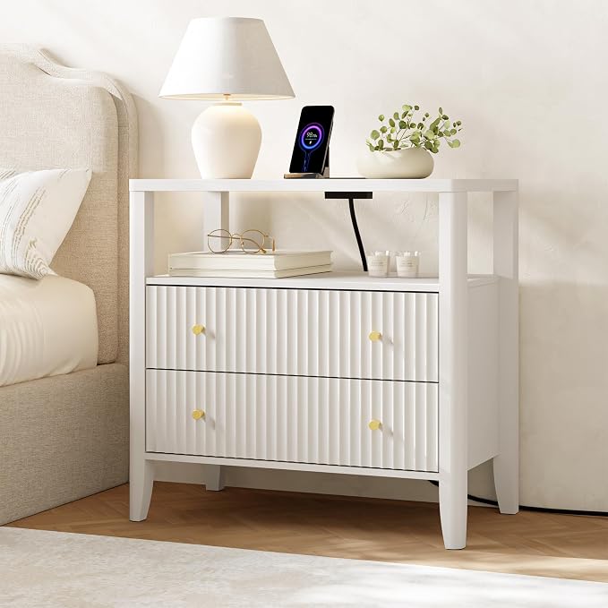 Nightstand Set of 2 with Charging Station, 27.3" Wide Fluted Bedside Table with 2 Drawers & Shelf, Large End Table with Storage, Rounded Corners, Alabaster White - Image 7