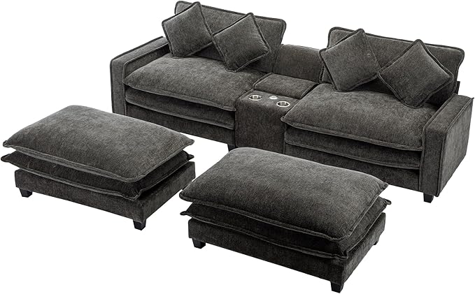 Sectional Sofa Chenille Upholstered with 2 Removable Ottoman, 2 USB Ports, 2 Cup Holders Large Storage Box for Living Room