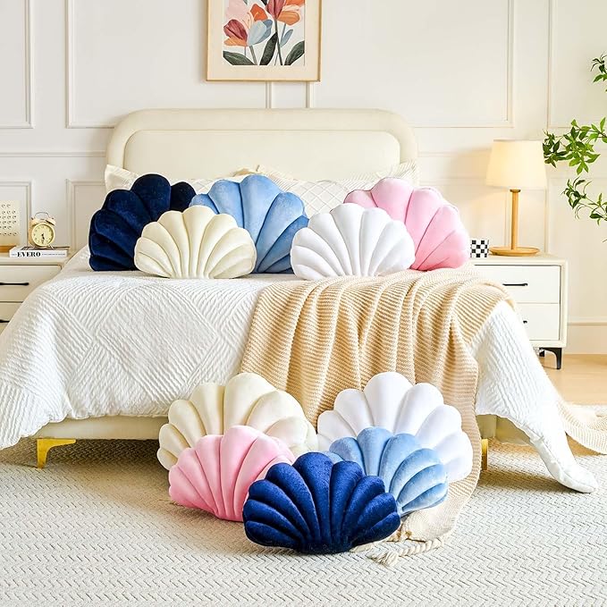 Lfsaaj Dusty Blue Seashell Throw Pillows, Shell Shaped Throw Pillows, 18 Inch Soft Velvet Home Decorative Pillow Plush Cushion for Bed Couch Living Sofa Room Decor Accent Throw Pillow