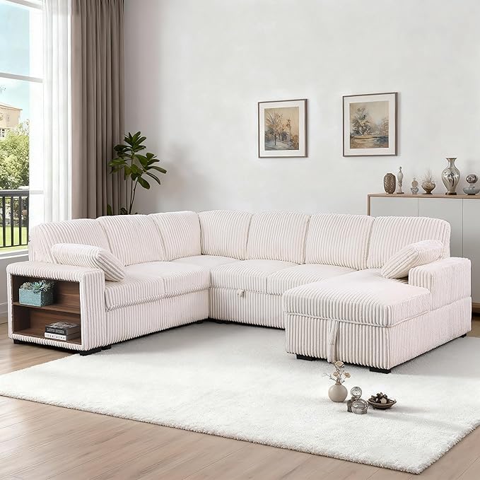 ERYE Oversized U-Shaped Pull Out Sleeper Couch Bed, Modern U Shaped Sleeper Sectional Sofa Corduroy Corner Convertible Sofa Bed with Storage Chaise Lounge and Cabinet