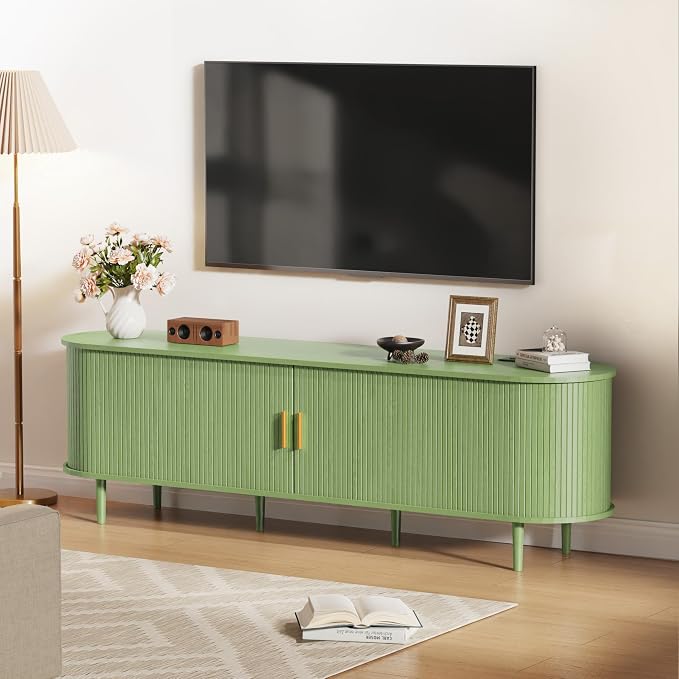 DHH 70.8 Inch Mid Century Modern TV Stand with Power Outlet for TVs up to 80 Inch, Entertainment Center with Storage and Adjustable Shelves, Media Console with Sliding Doors for Living Room(Green) - Image 8