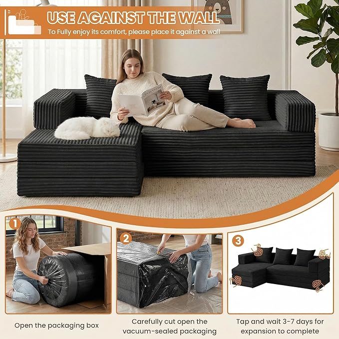 Modular Sectional Sofa, Boneless Convertible Oversized Sleeper Sofa Bed, Modern Tri-Folding Cloud Couch with L-Shape Chaise, Corduroy Futon Couches for Living Room Small Spaces Apartment,No Assembly