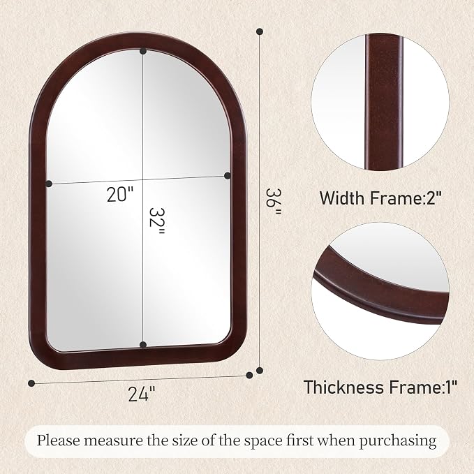Arched Mirror 24 x 36 Inch,Dark Walnut Brown Wood Rustic Bathroom Tempered Wall Mirror with Wood Frame,Round Corner Arch Farmhouse Wooden Vanity Mirror for Living Room,Entryway or Bedroom - Image 8