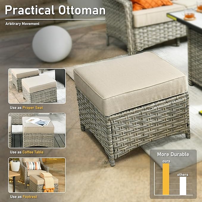 HOOOWOOO 6 Piece Patio Furniture Conversation Sets with Sola Light Table,Outdoor Wicker Furniture with Ottoman, All Weather Resistant Outside High Back Rattan Patio Set(Beige Tan)