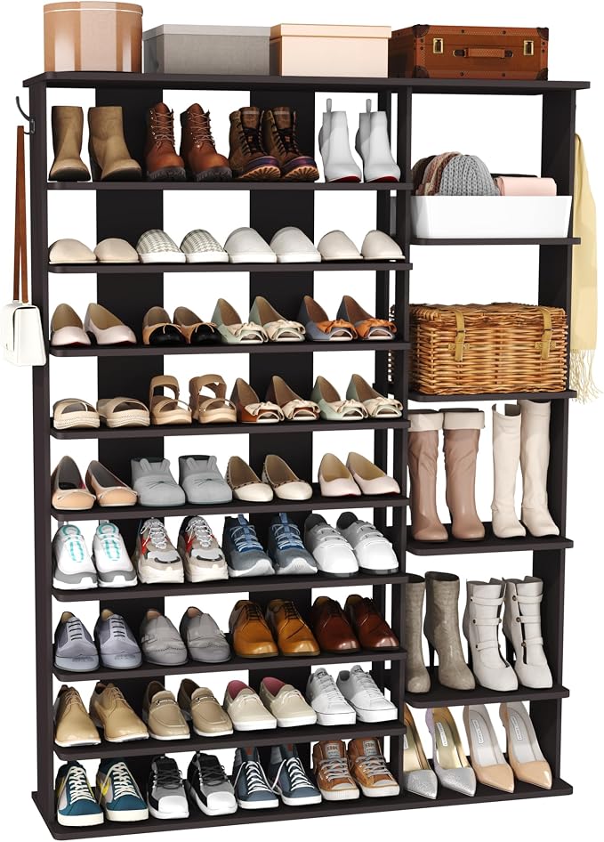 HOMEFORT 10 Tiers Shoe Rack, 50 Pairs Large Shoe Shelf, 61.8" Tall Shoe Tower, Freestanding Shoe Rack Organizer with Open Shelves, Wood Shoe Stand for Boot Storage, for Closet, Entryway, Espresso - Image 9