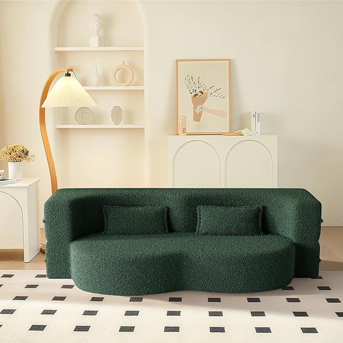 78" Convertible Sofa Bed, 2-in-1 Folding Floor Couch with 2 Pillows, Sleeper Sofa for Living Room and Bedroom, No Assembly Required (Green, Teddy Fabric)