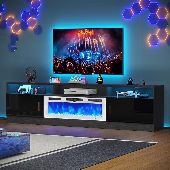 MXV 78" Fireplace TV Stand with Power Outlet for TVs UP to 90", Electric Fireplace Entertainment Center with LED Lights & Storage Cabinets, TV Console for Living Room, Office, Black-White - Image 8