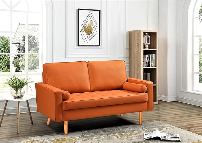 Container Furniture Faux Leather Sofa for The Modern Living Room with Removable Cushions and Solid Wood Legs, Luxury Style Button-Tufted Loveseat, 58" Wide, Red Orange