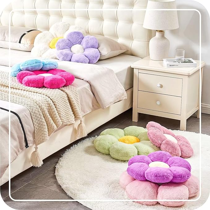 Kcvvcr White Flower Plush Throw Pillow, Cute Decorative Flower Shaped with Faux Rabbit Fur, 14.9" Soft Throw Pillow for Bedroom Living Room