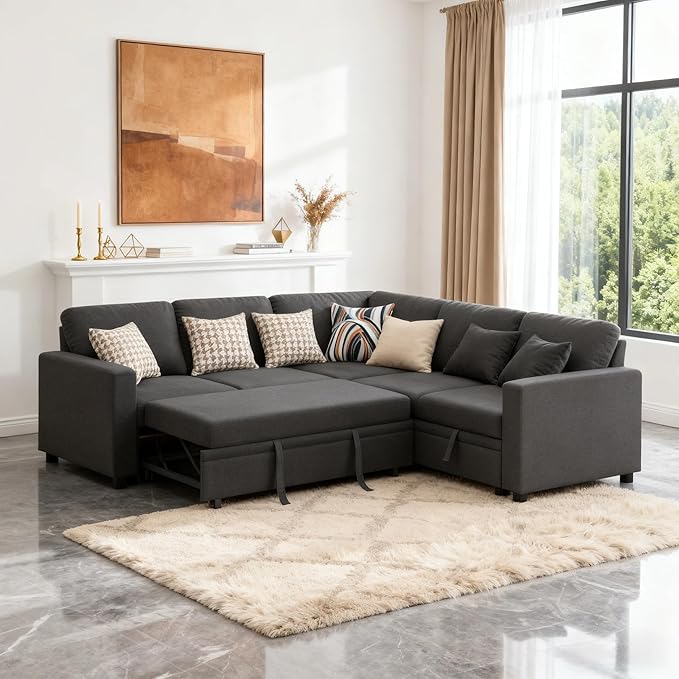 Sectional Sleeper Sofa with Pull Out Bed, L Shape Convertible Couch with Storage Chaise, Comfy Sleeper Couch, 2 in 1 Pull Out Sofa Bed with 5 Seats, for Living Room, Apartment, Black Gray