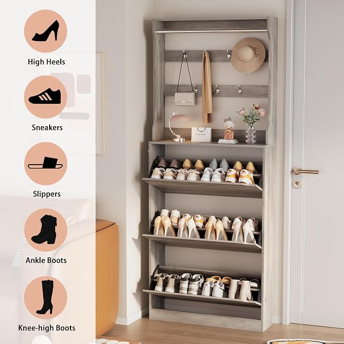 Shoe Storage Cabinet, Wood Shoe Organizer for Entryway with 3 Flip Drawers, Freestanding Shoe Rack with Adjustable Shelf, Narrow Shoe Dresser for Front Door Entrance(Grey, 78.74" x 31.5" x 9.37") - Image 7
