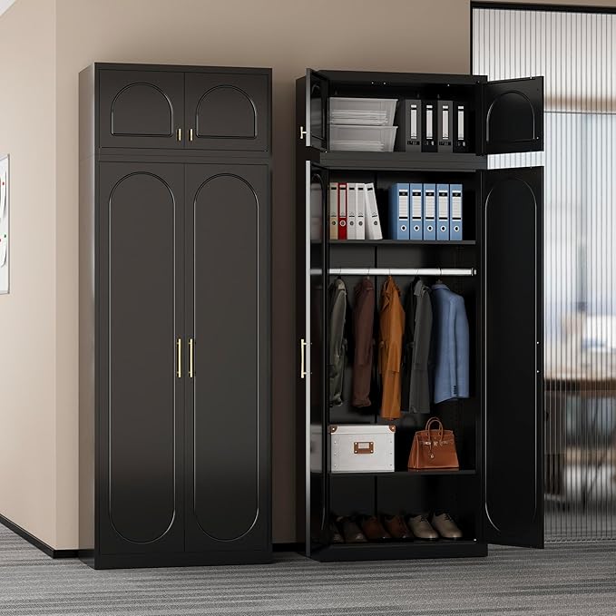 Metal Armoire Wardrobe Closet with Doors, 86" Tall Wardrobe Cabinet with Hanging Rod and Adjustable Shelves, Black Clothing Storage Cabinets for Bedroom, Home Office