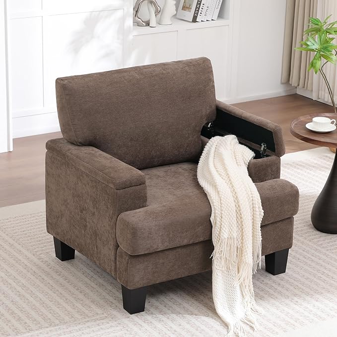 Accent Chair with Storage Armrest, Modern Upholstered Living Room Chairs, Comfy Large Armchair, Fabric Single Sofa ReadingChair for Bedroom, Dark Brown