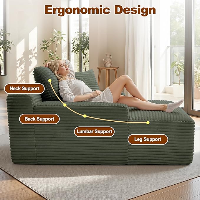67 Inch Chaise Lounge Chair Indoor, Oversized Corduroy Upholstered Boneless Sofa Bed with Amrests and 2 Pillows Cloud Sleeper Couch Reading Chair for Living Room