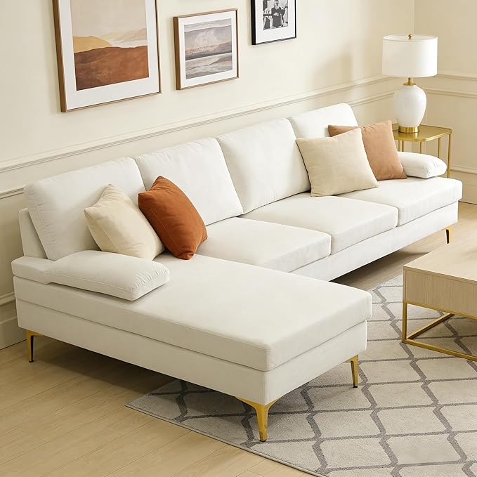 Modern L-Shaped Sectional Sofa with Gold Legs, Apartment Sectional Couch with Left Facing Chaise, 4 Seater Fluffy Couch, 99 Inch Furniture, Beige