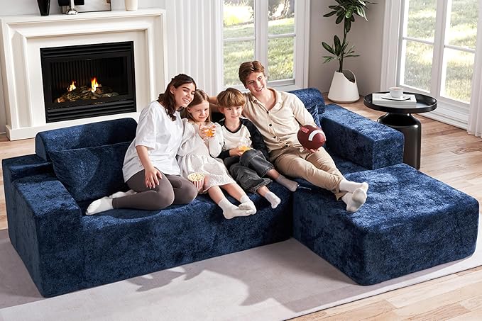 Homguava Modular Sectional Couches for Living Room,105" Cloud Couch with L-Shape Chaise,Comfy Sofa Living Room Couch with Deep Seat,No Assembly L Couch,Luxury Distressed Velvet(Blue,R)