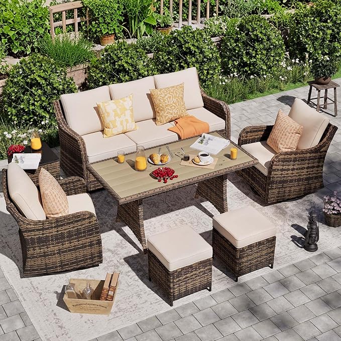 MEISSALIVVE 7 Pieces Patio Furniture Set with Swivel Chairs, Wicker Patio Conversation Set, Outdoor Patio Set with 2 Swivel Rocking Chair & Sofa, 2 Ottomans and Dining Table (Brown)