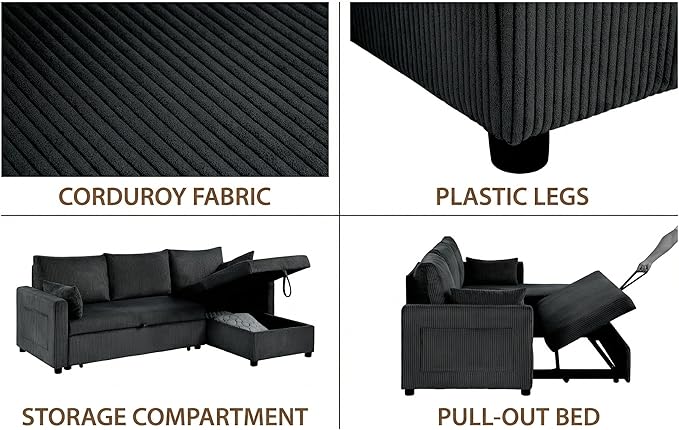 Casaphoria 85" Corduroy Sleeper Sofa with Pull Out Bed & Storage Chaise, L-Shaped Sectional Couch for Small Apartment, Living Room & Guest Room, 3-Seat Convertible Sofa Bed, Black