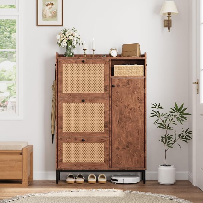 GarveeHome Shoe Cabinet Rattan with 3 Flip Drawers and 4-Tier Shoe Storage Cabinet, Freestanding Shoe Organizer with Adjustable Shelves for Entryway, Closet, Hallway (Tree Pomegranate) - Image 8