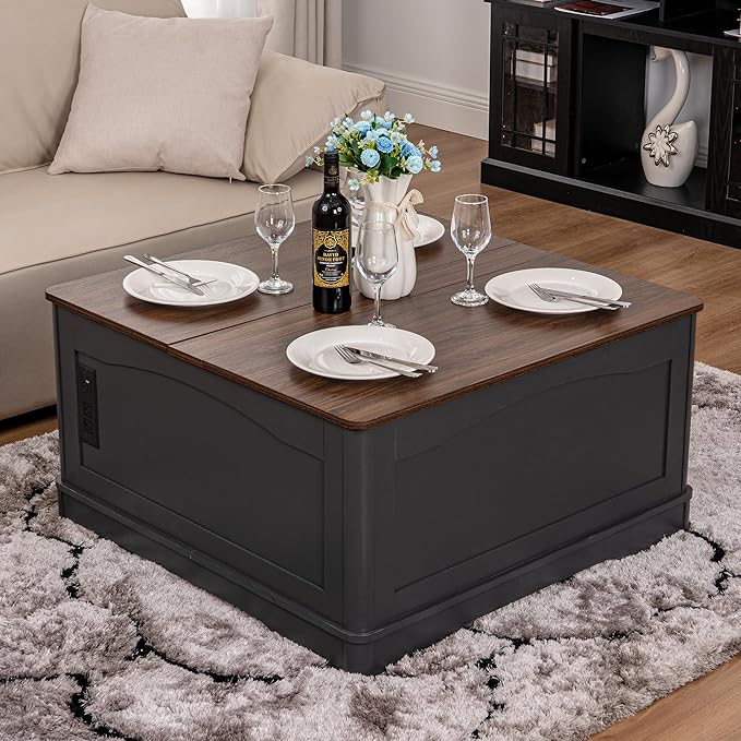 Lift Top Coffee Table with Hidden Storage and Power Outlets, 35.4 Square Center Table Solid Matte Finish, Hidden Storage Coffee Table for Saving Spaces w/ 2AC, 2USB (Weathered Gray, 35.4 inch)