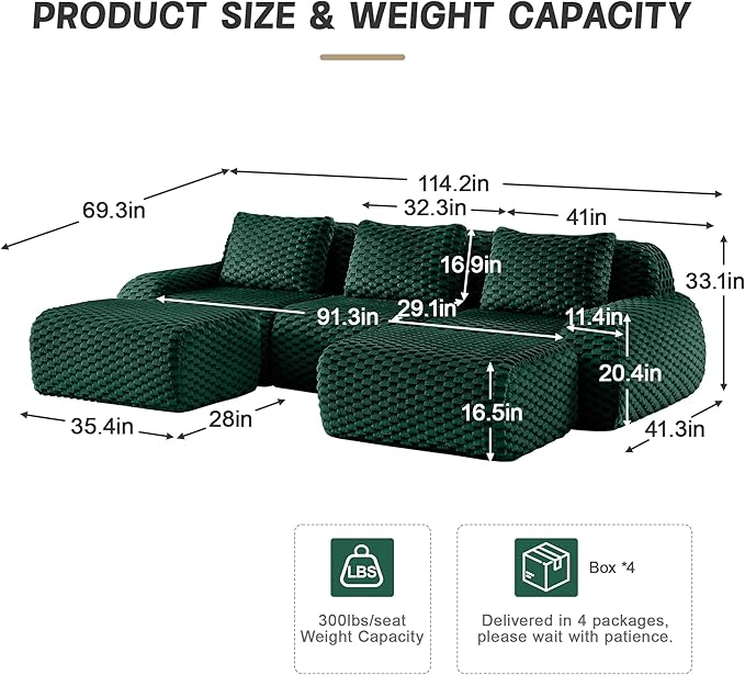 114" U-Shaped Compressed Sectional Cloud Sofa, Flannel Upholstered Modular Deep Seat Sofa with 5 Pieces, Symmetrical Boneless Foam Modular Cloud Couches for Living Room