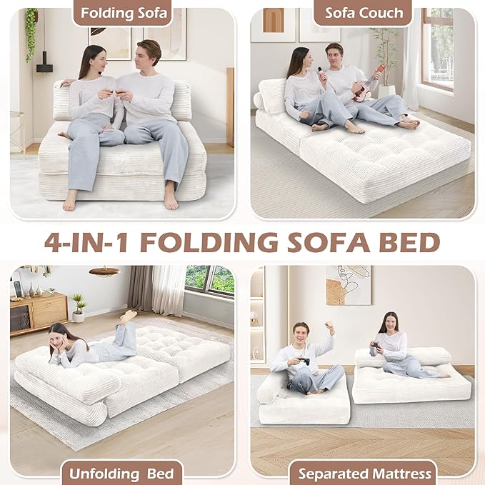 Folding Sofa Bed, Convertible Sleeper Chair with Pillow & Handle, Foldable Mattress Futon Chair Bed Lounge with Back Support, Comfy Floor Sofa for Living Room Bedroom, Beige, Full