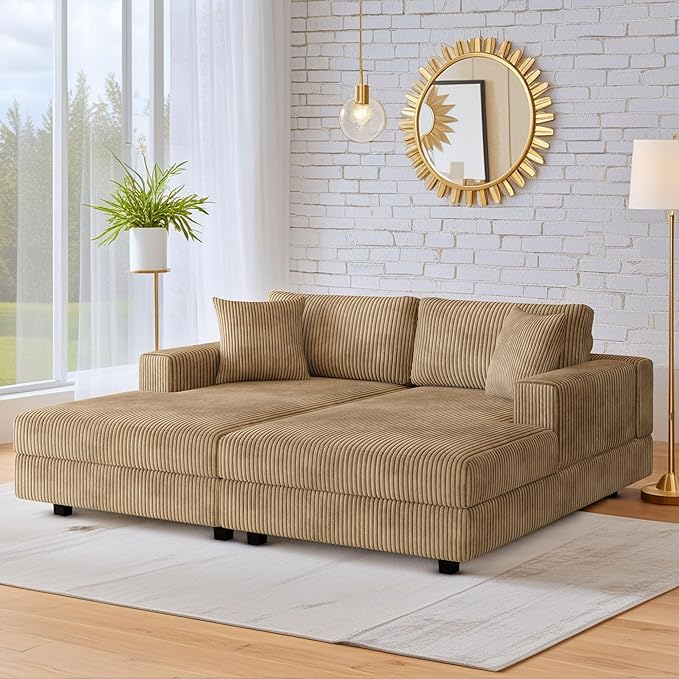 69-inch Oversized Chaise Recliner Lounge Deep Seat Upholstered Sleeper Daybed with 4 Pillows,Soft Corduroy Loveseat Double Chaise Sofa Couch Extra Wide Sleeper Chair Sofabed for Living Room Bedroom