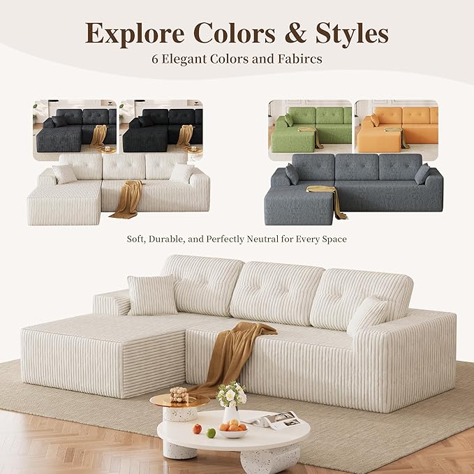 Ball & Cast 106" Boneless Sectional Sofa, Corduroy Modular L Shaped Couch with Deep Seat Chaise, Cloud Style Oversized Sectional Couch for Living Room, No Assembly, Right Facing, Corduroy Beige
