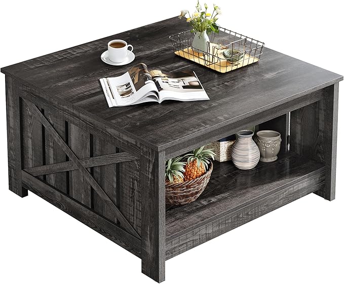 DWVO Square Coffee Tables for Living Room Farmhouse Coffee Table with Storage, 2-Tier Wood Center Table with Half Open Storage Compartment, Dark Rustic Oak