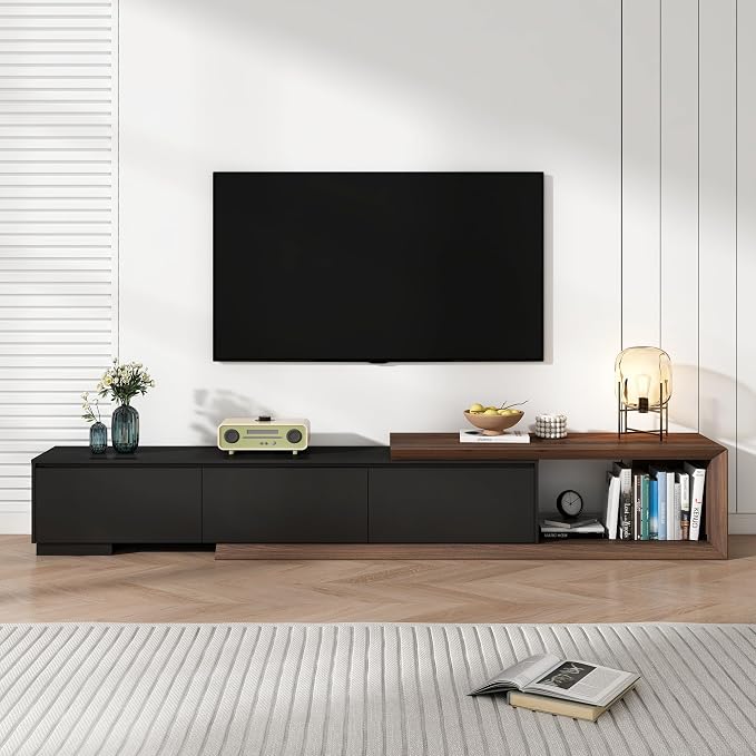 chartustriable Extendable TV Stand with 3 Drawers, Modern Minimalist Entertainment Center, Reversible Long TV Media Console, Bevel Design, 82-107.3 Inch, Black & Walnut - Image 7