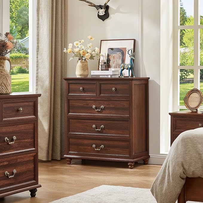 Joaxswe Farmhouse 5 Drawer Dresser for Bedroom, 35" Tall Rustic Chests of Drawers w/ 4 Solid Wood Feet, Mid Century Modern Wooden Closet Storage Dressers Organizer for Living Room, Hallway,Brown - Image 9