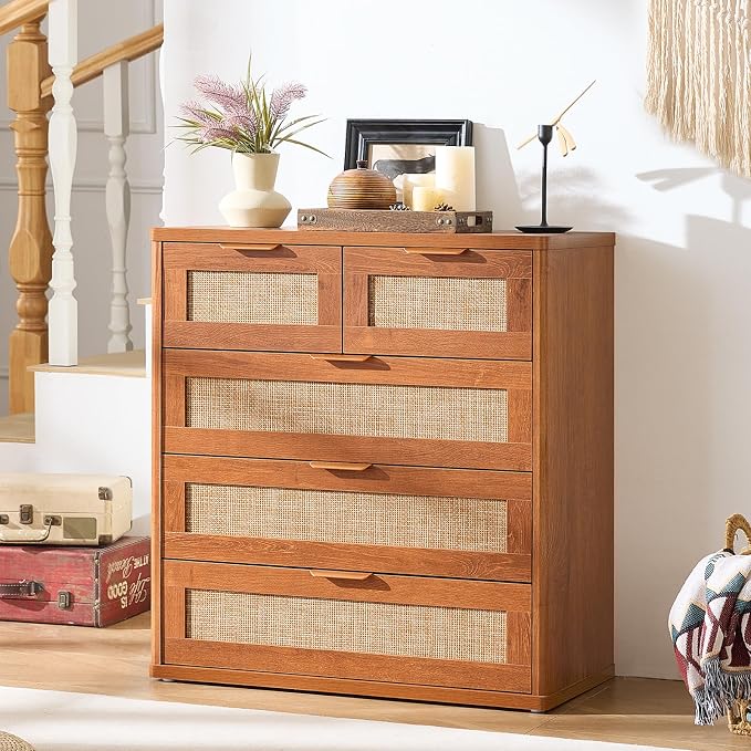 LEYAOYAO Rattan Dresser for Bedroom, 33.5" Tall Chest of Drawers, Modern 5 Drawers Boho Dressers with Storage, Vintage Brown Dresser Wooden Closet Organizer for Living Room, Hallway - Image 9