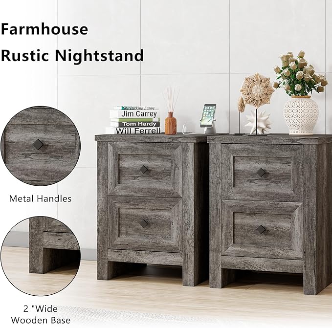 LUXOAK 3 Pieces Bedroom Sets, Includes King Size Lift Up Storage Platform Bed Frame, 2 Drawers Farmhouse Nightstand Set of 2 with Charging Station, No Box Spring Needed, Rustic Grey