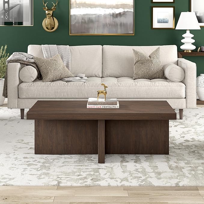 Henn&Hart 44" Rectangular Pedestal Low-Profile Coffee Table for Living Room, Family Room, or Office, Alder Brown