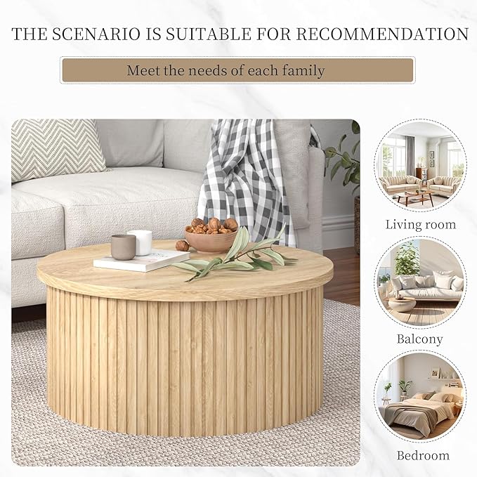Fluted Lift Top Coffee Table with Hidden Storage, 31.6 Inch Round Coffee Tables for Living Room, Circle Wood Center Tables for Home (Wood Color)