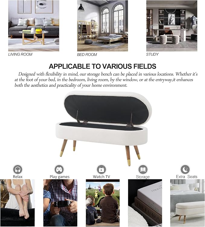 IAFIKE Oval Storage Bench 43.5" Ottoman Bench Upholstered Boucle Fabric Footrest Bench with Golden Metal Legs End of Bed for Bedroom, Living Room, Entryway,Bed Side (Ivory) - Image 7