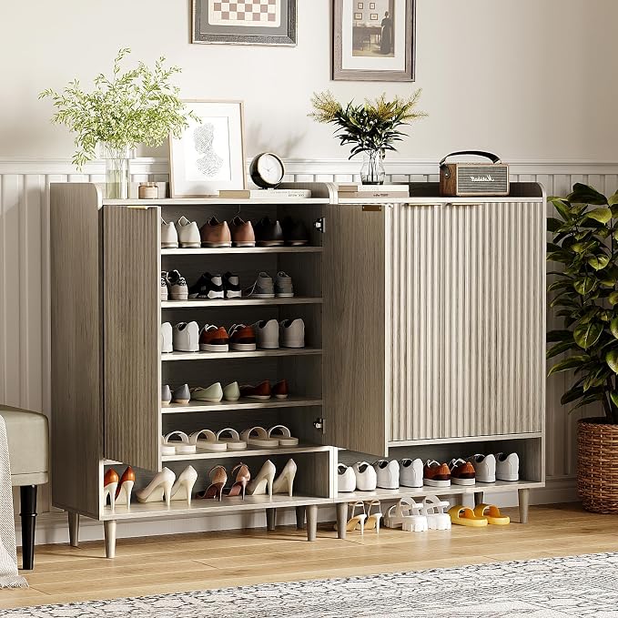 VINGLI Shoe Cabinet with Fluted Doors, 6 Tier Large Wooden Entryway Shoe Storage Cabinet with Adjustable Shelves,44.5" Tall Modern Freestanding Shoe Rack Organizer for Entryway, Hallway,Gray Oak - Image 9