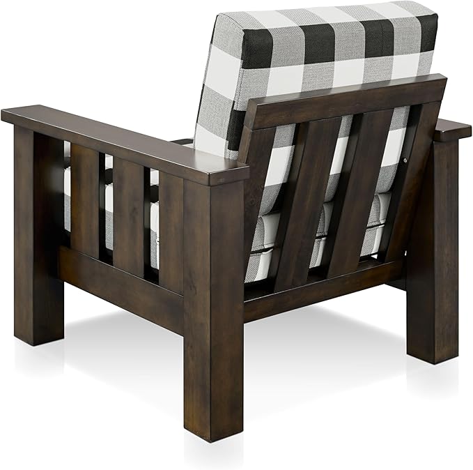 Furniture of America Gavik Modern Solid Wood Arm Chair with Plaid Removable Cushions, Black and White Upholstery Fabric, Comfortable Upholstered Seating for Living Room, Guest Room, Dark Walnut