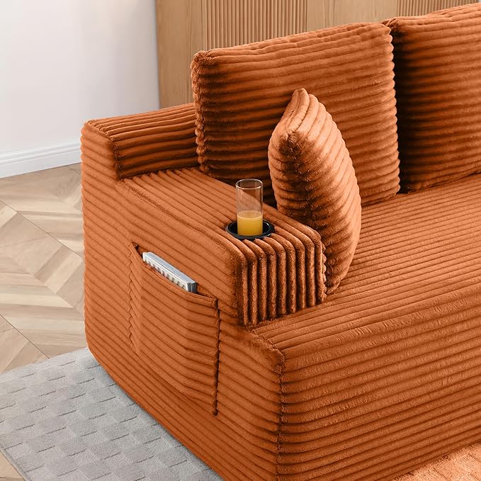 Floor Loveseat Boneless Sofa Couch in a Box with Cup Holder and Side Pockets, Corduroy Upholstered 2 Seater Cloud Foam Sofa with Deep Seating for Living Room, No Assembly | Breathable material, Cupholders