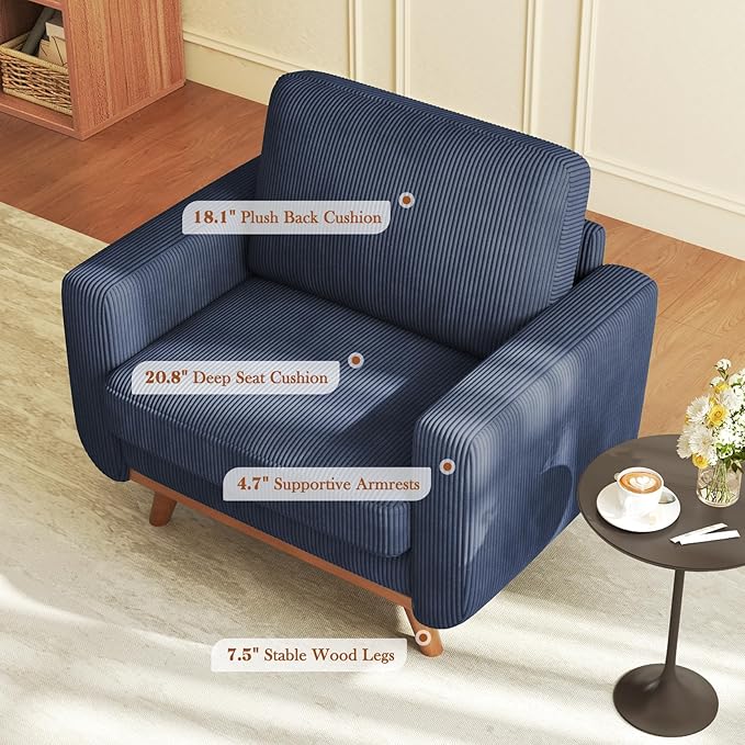 38.5" Dark Blue Corduroy Accent Chair, Comfy Deep Seat Armchair with Spring Cushion, Modern Reading Sofa for Living Room Bedroom