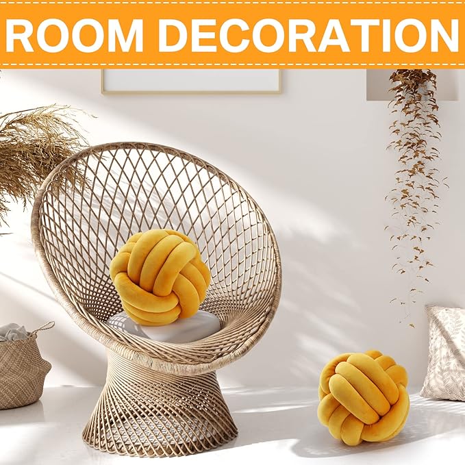 Namalu 2 Pcs Soft Knot Pillow Ball, Decorative Round Throw, Soft Knotted Plush Pillows, Handmade Stuffed Ball Pillows Cushion for Bedroom Sofa Couch Home Decor(7.87 Inches,Ginger Yellow)