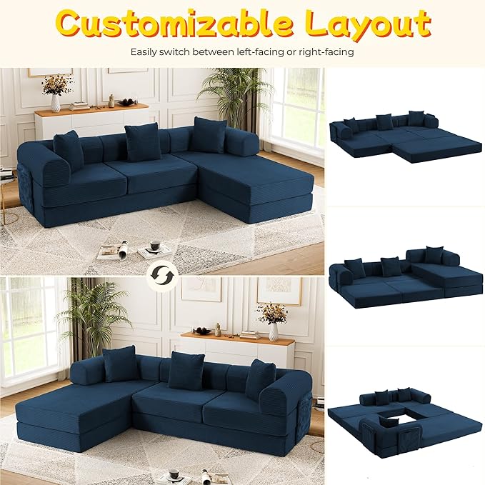 106.3" L Shape Convertible Sleeper Sofa Bed, Oversized Modular Sectional Cloud Sofa with Fixed-Shape Frame & Storage Pocket, Boneless Couch for Living Room, No Assembly Required, Blue