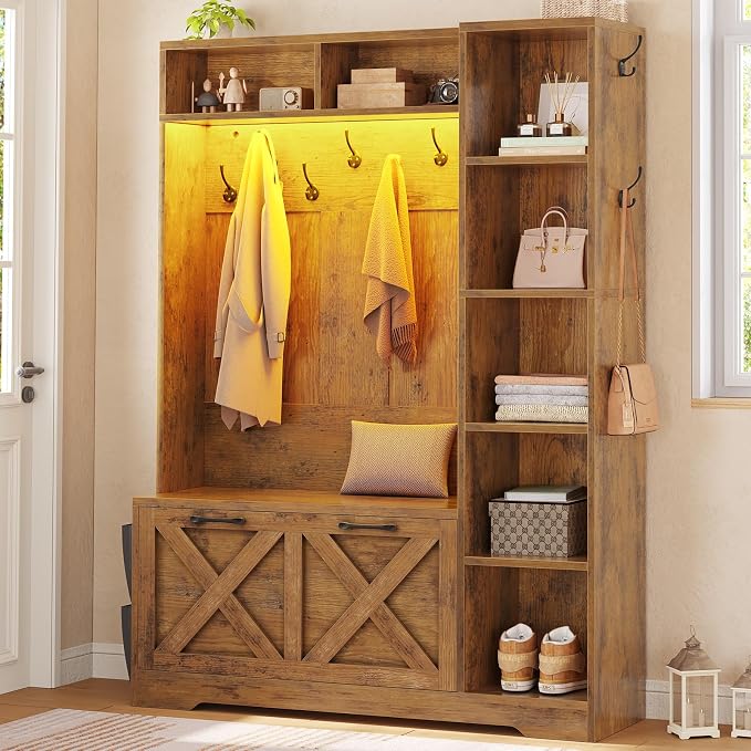 Itaar Hall Tree with Bench and Shoe Storage, Farmhouse Entryway Bench with Coat Rack, Shoe Cabinet with Flip Drawers, 7 Shelves, 10 Coat Hooks, Storage Bag, Led Lights, Rustic Brown - Image 9