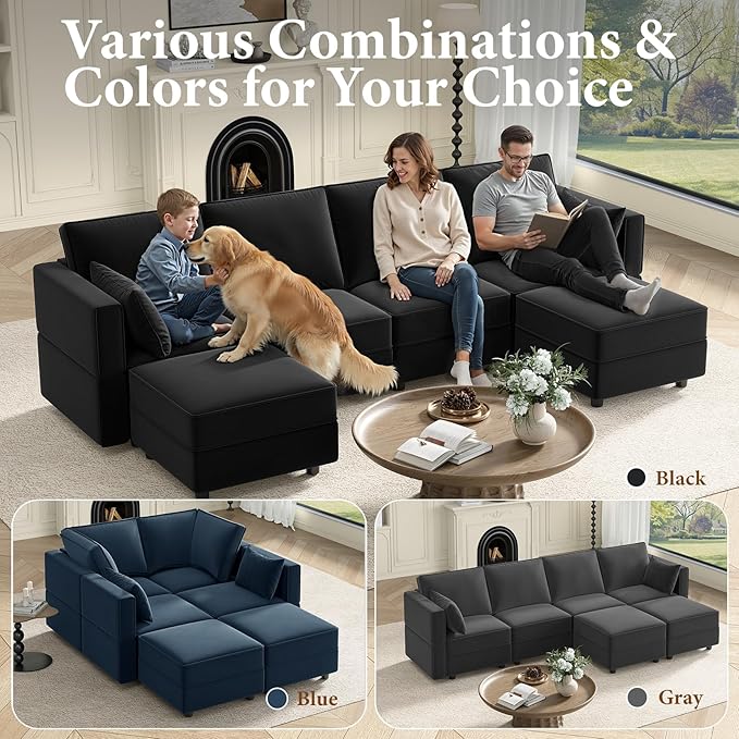 Vesgantti Sectional Couches with Storage Seats, 118" L Shaped Convertible Modular Sectional Sofa, 4 Seat & 2 Ottomans Velvet Storage Chaises Deep Seat Couch for Living Room, Bedroom, Apartment, Black