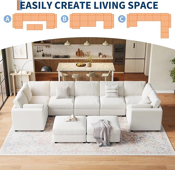 GAOMON Oversized Modular Sectional Sofa, 9 Seater Sectional Couch, 172" U Shaped Sofa with Movable Ottoman, Convertible Modular Couch for Living Room Apartment and Office, Chenille Beige